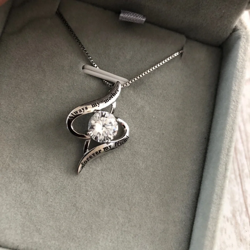 925 Sterling Silver Italy Heart Cubic Zirconia Mother Pendant Chain Necklace